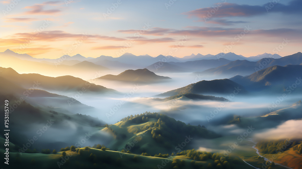 Wall mural beautiful scenery on the mountains with mist during the sunrise or sunset