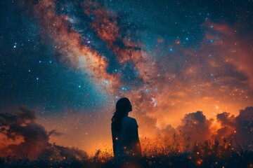 A contemplative woman's silhouette is set against a twilight sky filled with stars and cosmic colors