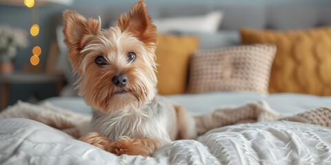 Adorable Yorkshire terrier posing in a welllit bedroom creating a cozy atmosphere. Concept Pet photography, Bedroom setting, Cozy vibes, Yorkshire Terrier pose, Well-lit ambiance