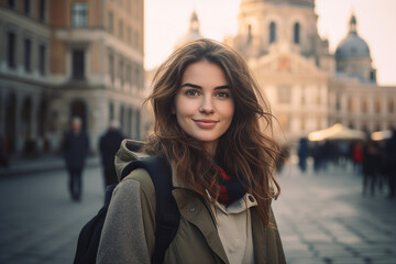 Generated with AI photo of woman in a stylish clothes against a city backdrop