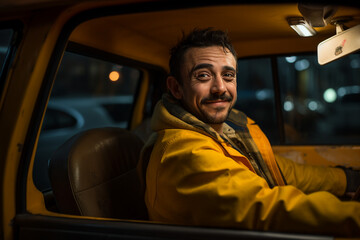 Generative AI photo image of middle aged man taxi driver in car