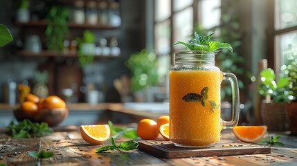 A serene kitchen scene with fresh fruit and a jar of orange juice.

