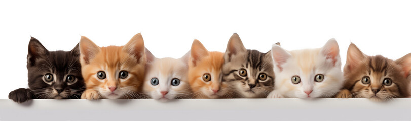 Banner with cats in a row isolated on white background.