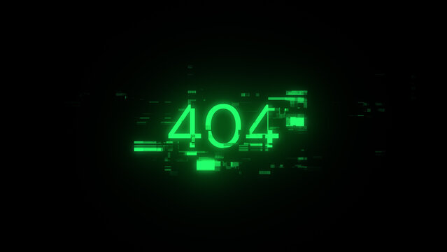 3D rendering error 404 text with screen effects of technological glitches