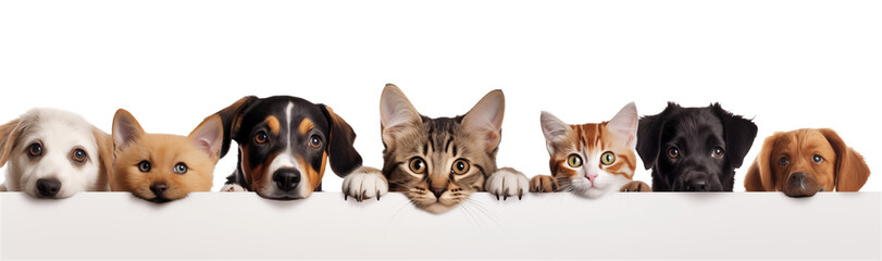 Banner with cats and dogs in a row isolated on transparent background. - obrazy, fototapety, plakaty