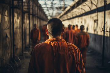 Fototapeta premium Criminals jailed in prison in orange uniform behind metal bars Generative AI realistic 3D picture