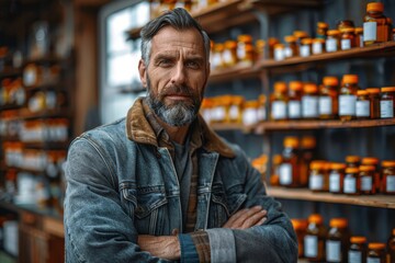 Relaxed and confident man standing with folded arms in front of herbal supplement shelves in a health store