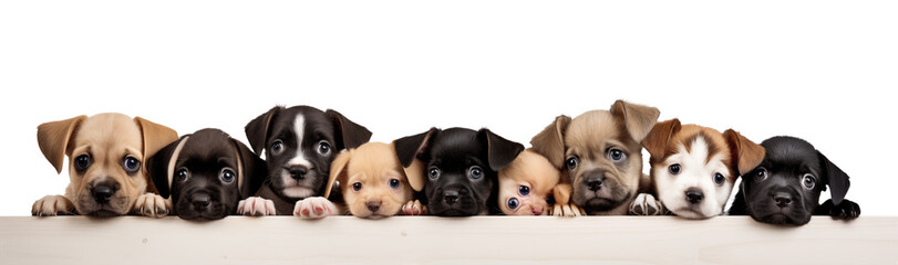 Banner with dogs in a row isolated on transparent background.