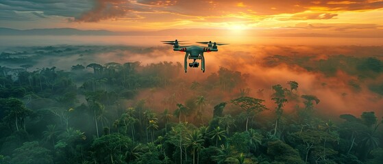A contemporary drone soaring over a foggy rainforest at dusk - obrazy, fototapety, plakaty