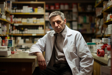 Fototapeta premium Smiling cheerful confident pharmacist in drugstore store shop Generative AI