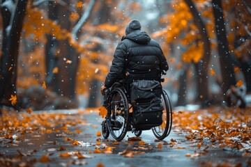 Person in a wheelchair on a path covered with fallen autumn leaves and trees