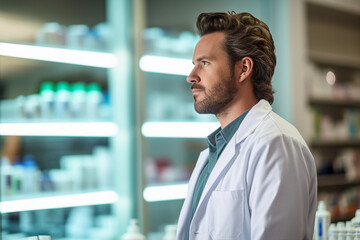 Fototapeta premium Smiling cheerful confident pharmacist in drugstore store shop Generative AI