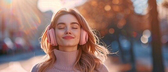 Picture of a stylish girl sipping fruit juice while using wireless headphones to listen to music - obrazy, fototapety, plakaty
