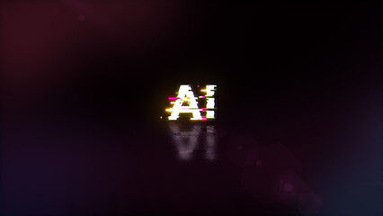 3D rendering AI text with screen effects of technological glitches