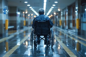 Image shows back view of a person in a wheelchair waiting in an empty subway station - Powered by Adobe