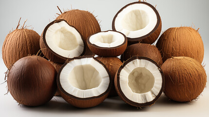 Fresh coconuts and coconuts split in half on a light background