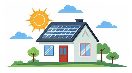 House with  photovoltaic solar panels on roof, Solar panels on the roof and sun,  Flat style. - obrazy, fototapety, plakaty