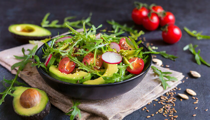 Healthy salad of fresh vegetables, red tomatoes, avocado, arugula, radish and seeds in plate.