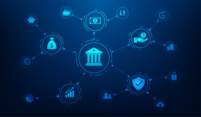 banking and finance transaction online digital technology with icon on blue background. money exchange transfer. economic market network connection. vector illustration fantastic digital design.