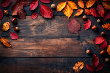 autumn leaves on wooden background - Spring Frame