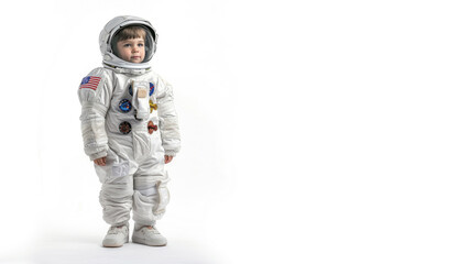 little boy dressed up as a astronaut isolated on white background 
