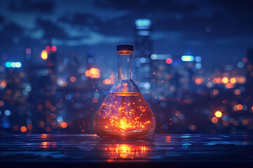 Conical Flask Experiment in a Lab on a sci fi open buildings background with chemical reaction in it - obrazy, fototapety, plakaty