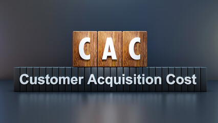 Text abbreviation CAC - Customer Acquisition Cost on wooden cube, black background