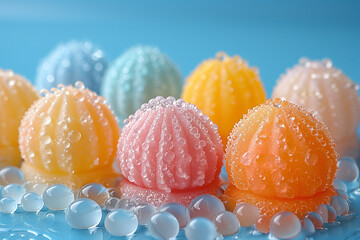 colorful jelly candies pink blue yellow soft marshmallow sweet candy with sprinkled white sugar