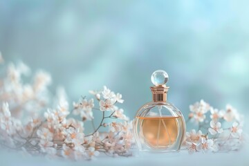 A vintage-style perfume bottle delicately placed on a dreamy light blue background reminiscent of a fairytale scene, real photo ai generative high quality image