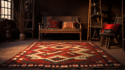 Historical kilim laid out in a traditional setting 