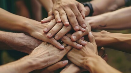 A real photo of hands interlocking to create a sturdy pyramid structure, emphasizing the concept of teamwork and support ai generative - obrazy, fototapety, plakaty