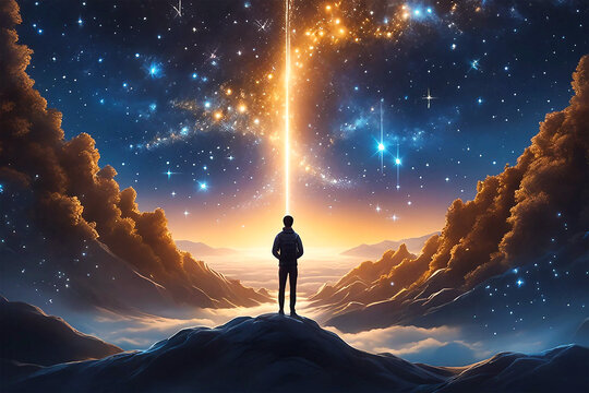 background with space, silhouette of a person standing on the top of the mountain, hand holding earth, JPG background images