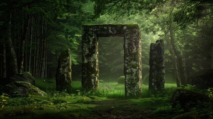 Mystical Stone Gateway in Forest - Fantasy Nature Scene