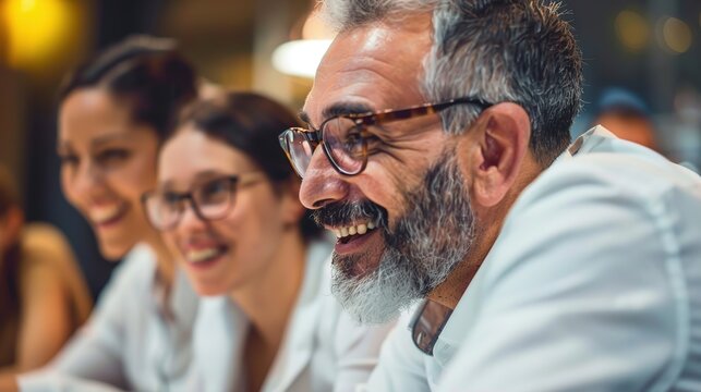 A close-up capture of office staff colleagues engaged in a lively discussion with the boss about a new project, real photo, stock photography generative ai