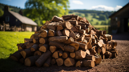 A pile of cut logs ready to be used for a fire or stove. A stack of wooden logs in the background of a natural landscape.