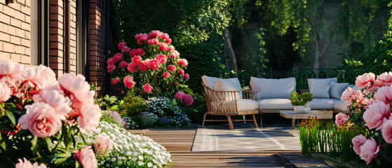 Spring patio of suburban penthouse. Backyard terrace with blooming plants, furniture, couches and lounge chairs. Luxury exterior design mockup. Villa facade. Copy space. Generative ai