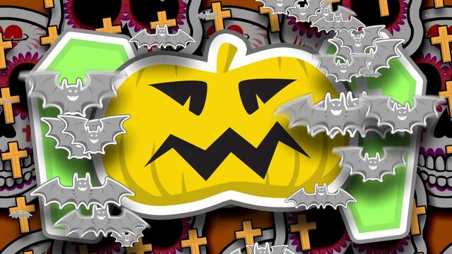 Seamless animation of cartoon pumpkin. Halloween funny background with bats, cofins, crosses and ghosts.