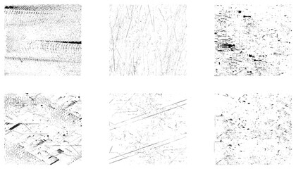Collection of 6 grunge texture. White grunge distressed texture set black and white. 
