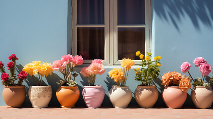 External window sill of a house, decorated with pots of bright flowers.