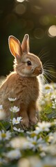 Fototapeta premium Cute Fluffy Rabbit Hiding in Spring Meadow on Sunny Day Generative AI