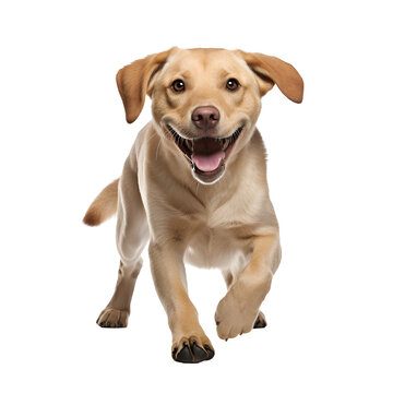 Running and playing, a happy Labrador Retriever dog in a full body photo, Isolated on Transparent Background, PNG