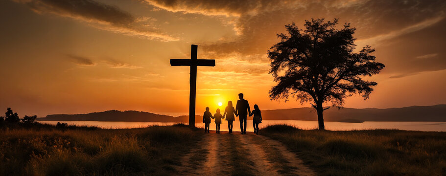 Silhouette of a family of parents and children walking together along a path towards a majestic wooden cross during a warm, orange sunset.