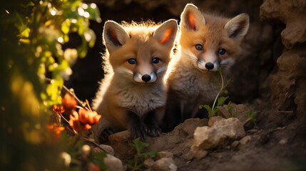 Red foxes peek out of the ground against a backdrop of wild nature.