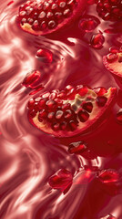 close-up, pomegranate juice, drink with grains and half a fruit, fresh juice, on a red background with bokeh,,empty space for text,for banner