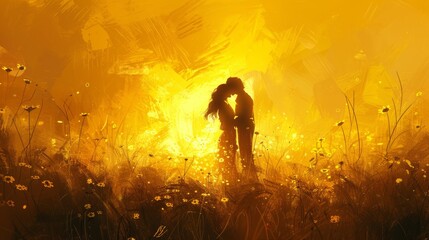 Lovers Kissing in Sunlight Yellow Background