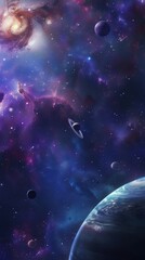 A captivating deep purple space backdrop featuring planets, a nebula, and stars, perfect for science fiction themes or educational astronomy materials.