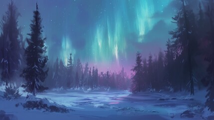 Aurora Borealis Painting in Night Sky