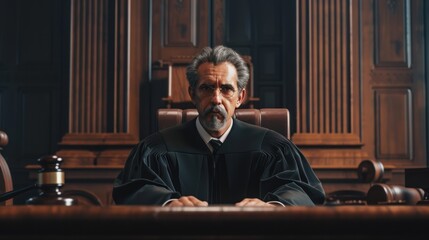 Court of Law and Justice Trial: Portrait of Impartial Male Judge Listening To the Pleaded Case. Unbiased Decision after Hearing Arguments. Deliberation on Guilty, Not Guilty Verdict. - obrazy, fototapety, plakaty
