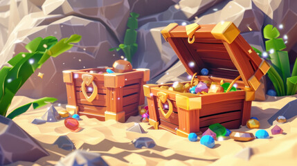 A whimsical illustration of cartoon treasure chests filled with gems on a sandy beach, perfect for mobile game interfaces or educational animations about treasure hunting.
