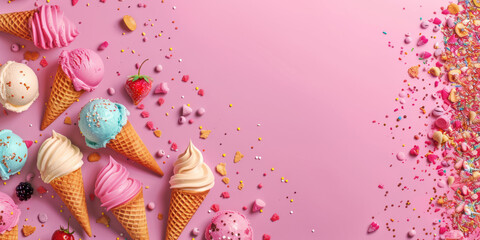 pink background with an assortment of colorful ice cream cones and sweet toppings, for use in dessert marketing, as a fun backdrop in food blogs, or for party invitations and summer event promotions.